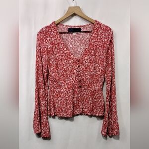 Blu Rain Floral Babydoll Blouse Womens S Red White Artsy Boho Cottagecore Y2K